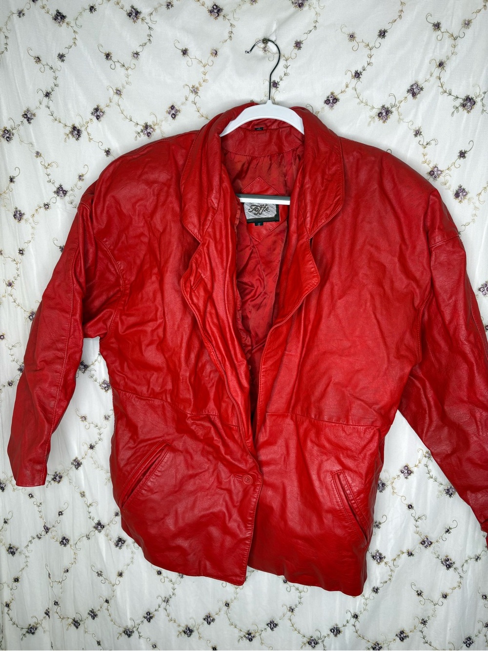 Women's Red Leather Jacket with Draped Collar